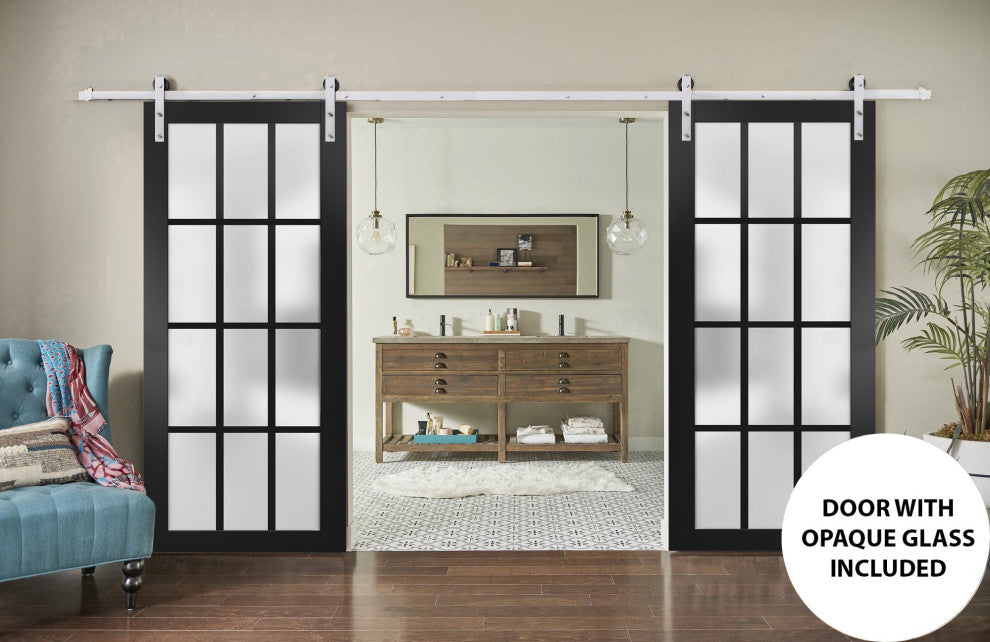 Double Barn Door 72 x 80, Felicia 3312 Black Frosted Glass, Silver 13FT