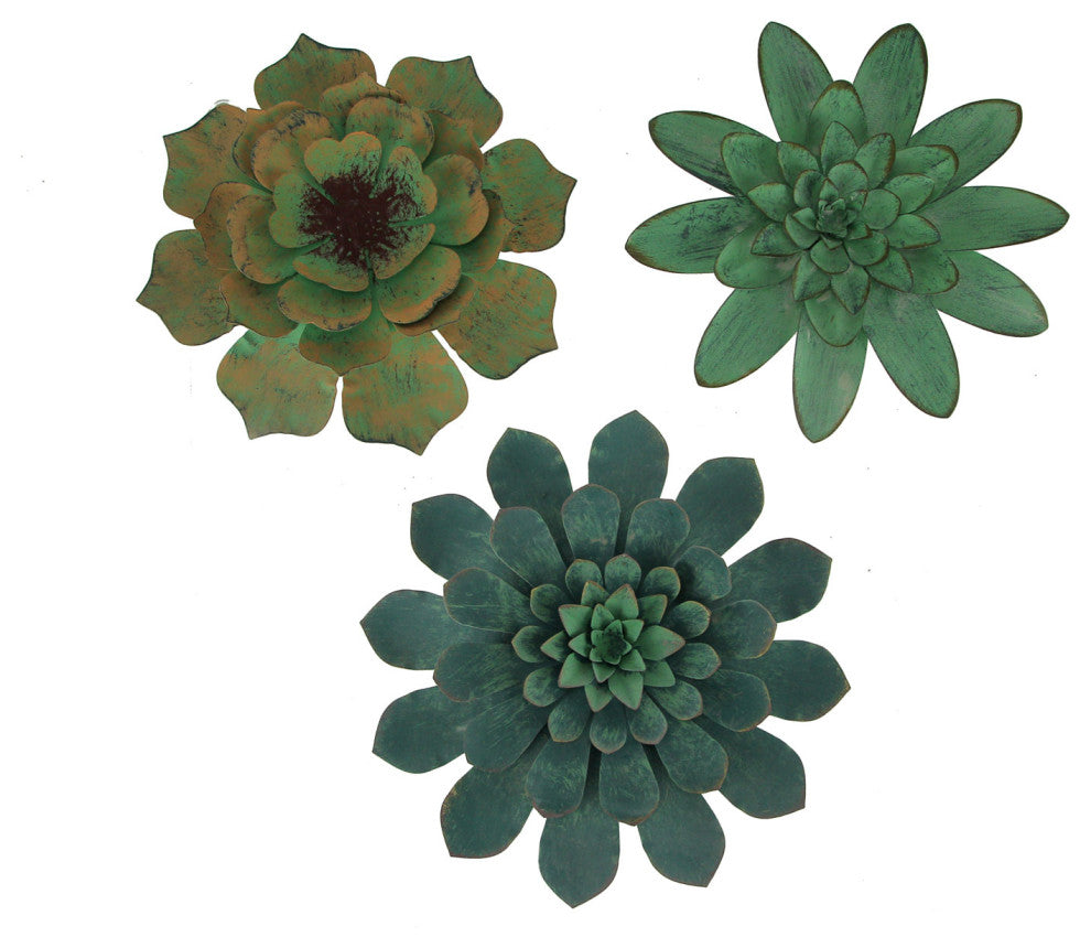 Verdigris Patina Metal Art Tropical Succulent Wall Sculptures Set of 3