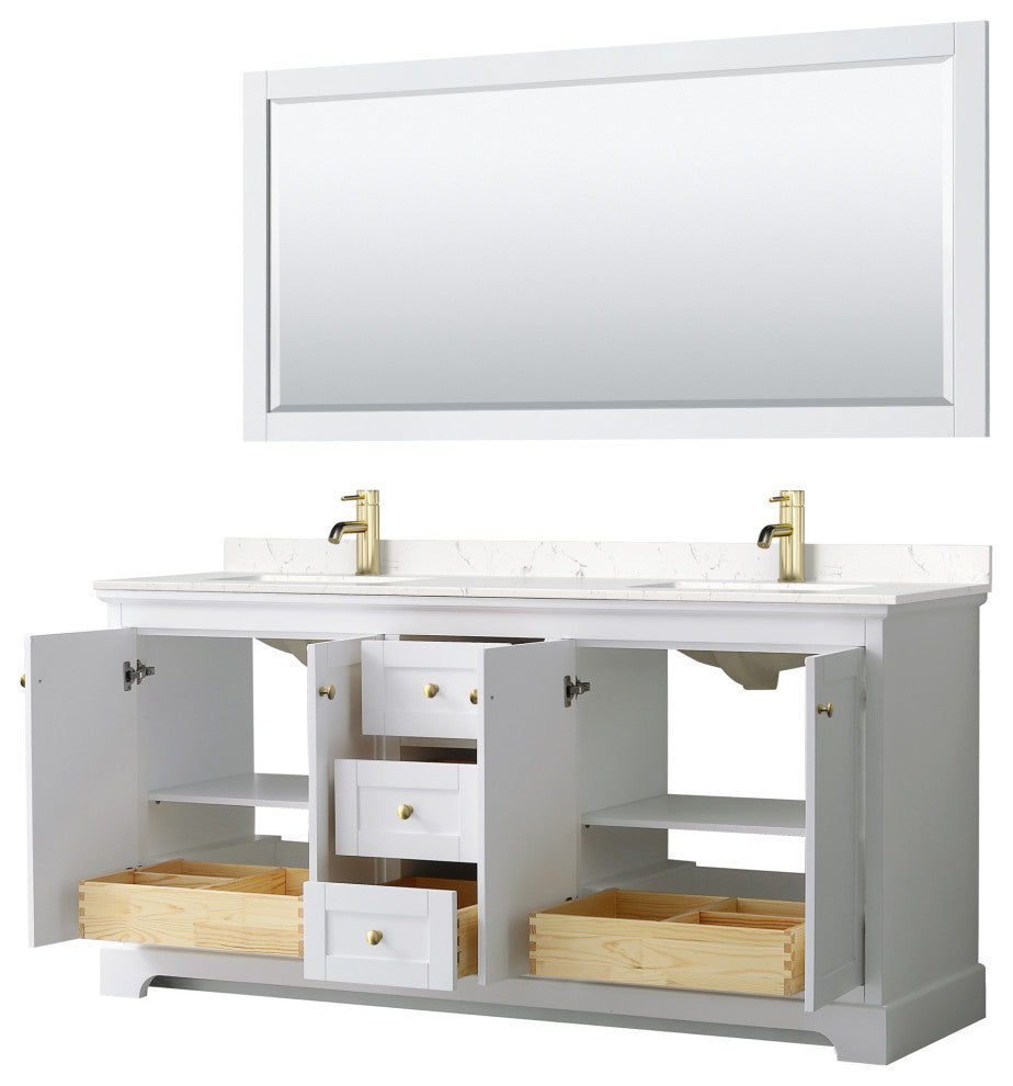 72"DBL Vanity White, Light-Vein Carrara Cult. Top, Sinks, 70"Mirror, Gold Trim