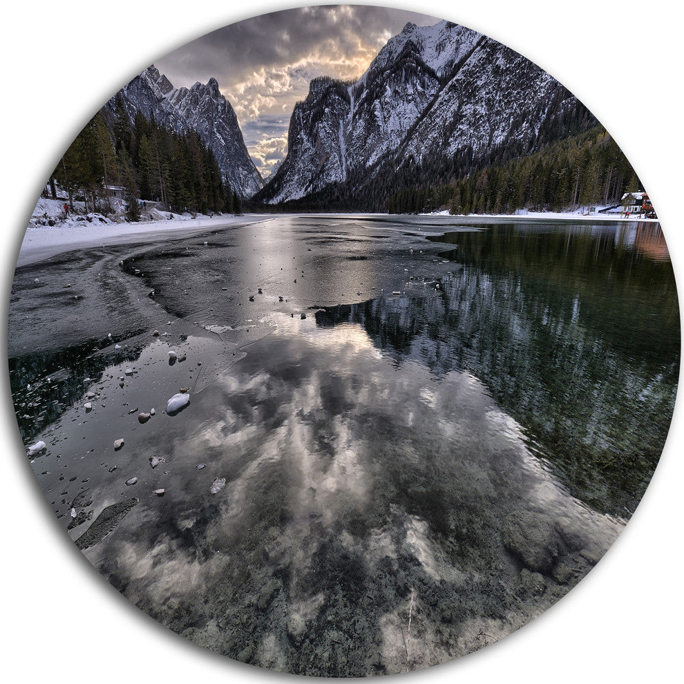 Black Icy Mountain Lake With Snow, Landscape Disc Metal Wall Art, 36"