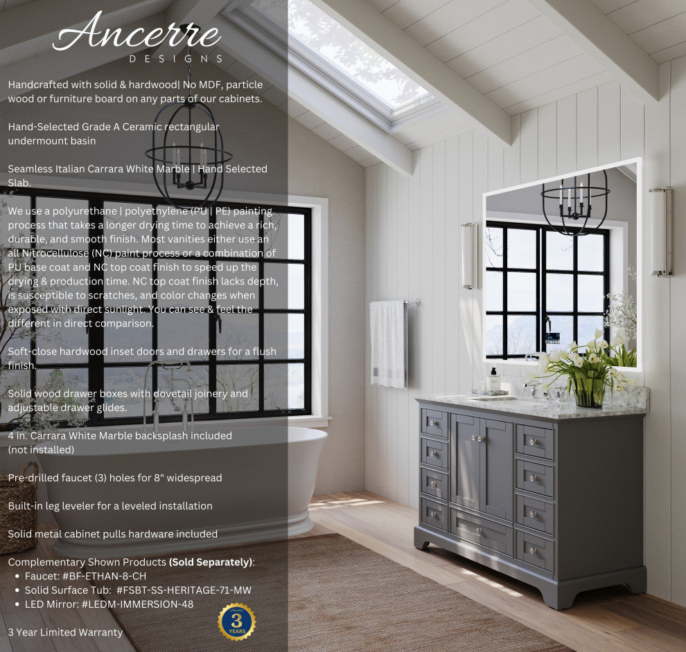 Audrey Vanity Set, Sapphire Gray, 48", Brushed Nickle Hardware, No Mirror