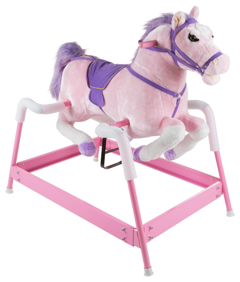 Spring Rocking Horse Plush Ride on Toy with Stirrups and Sounds, Pink
