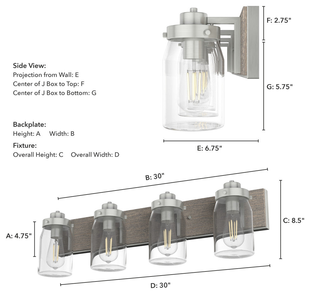 Devon Park Brushed Nickel and Grey Wood With Clear Glass 4 Light Vanity Wall
