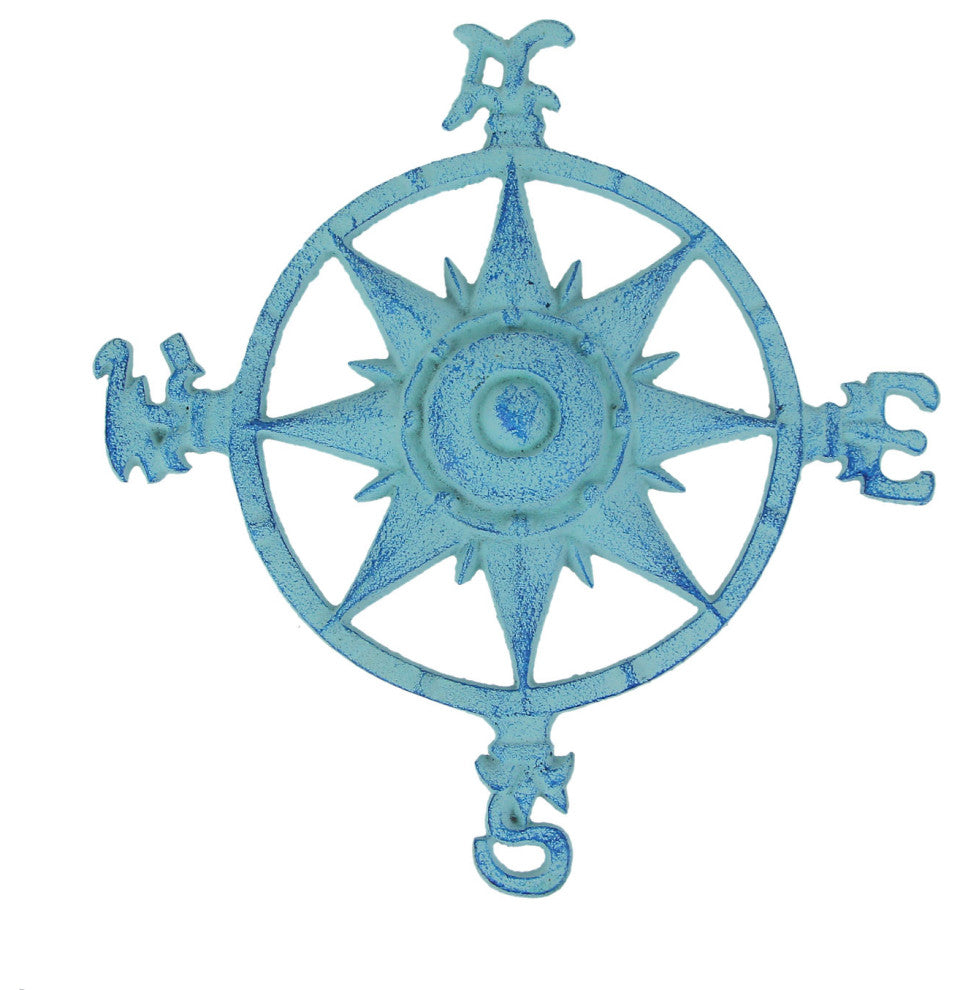 Weathered Blue Cast Iron Compass Rose Wall Hanging