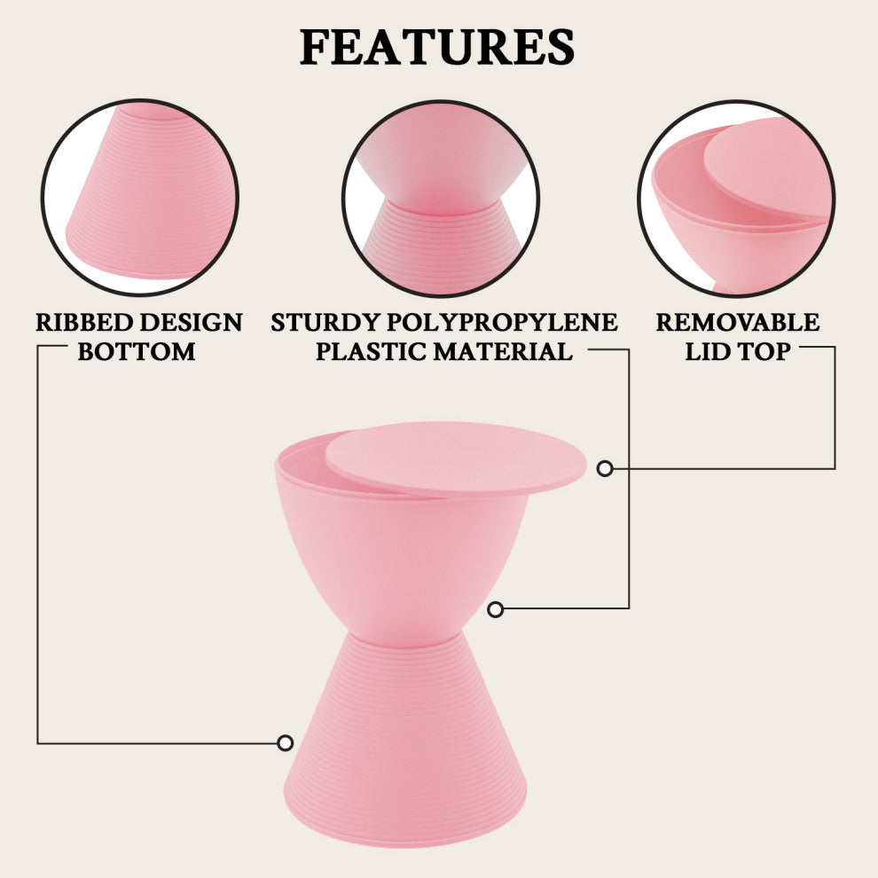 Round Side Table in ABS Plastic Ribbed Design End Table with Removable Lid, Pink