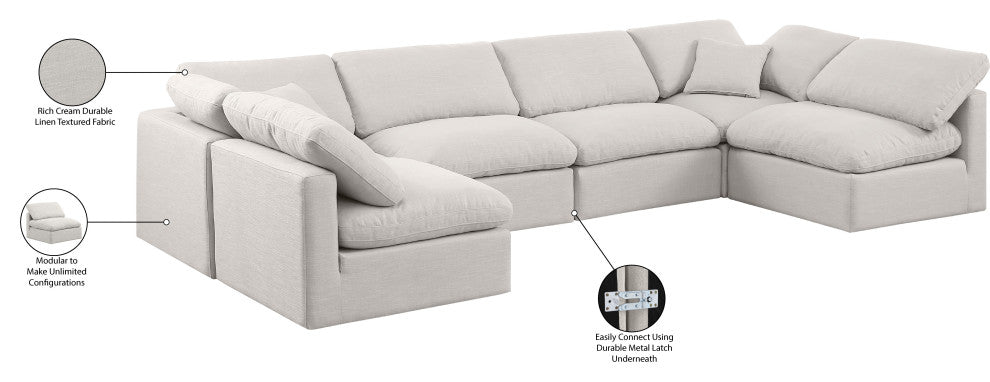 Indulge Upholstered Modular U-Shaped Sectional, Cream, 6-Piece: 4 Armless Chair, 2 Corner Chair, Down Stuffed Linen Textured Fabric