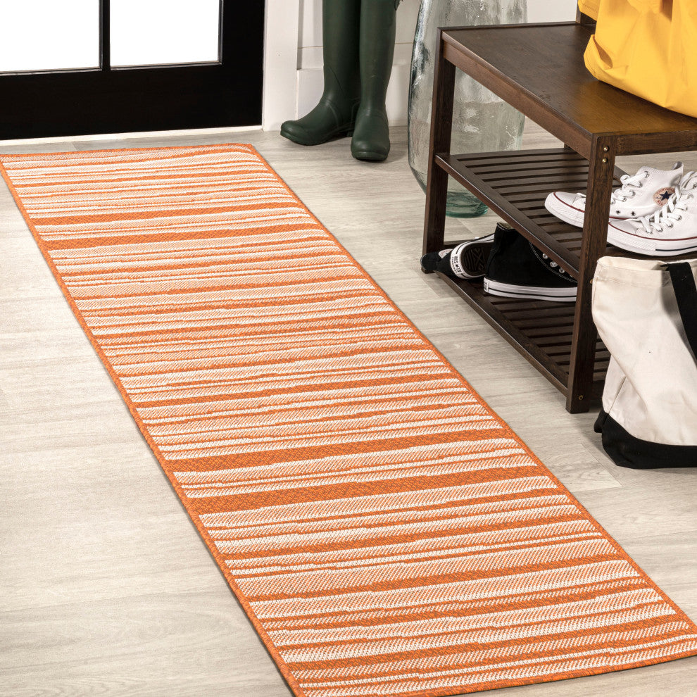 Castara Wavy Stripe Modern Indoor/Outdoor Area Rug, Orange/Cream, 2x8