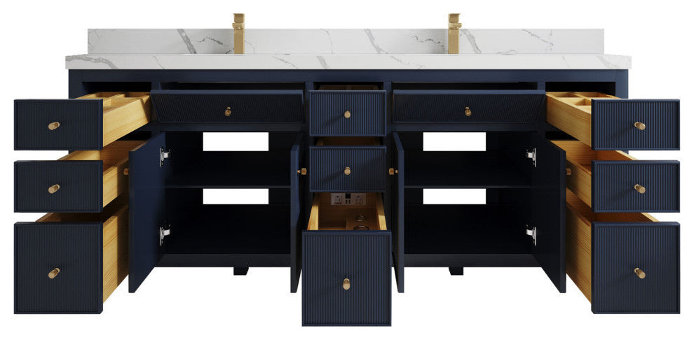 Sonoma 84 Double Sink Reeded Bath Vanity in Hale Navy Blue 2" Calacatta Laza