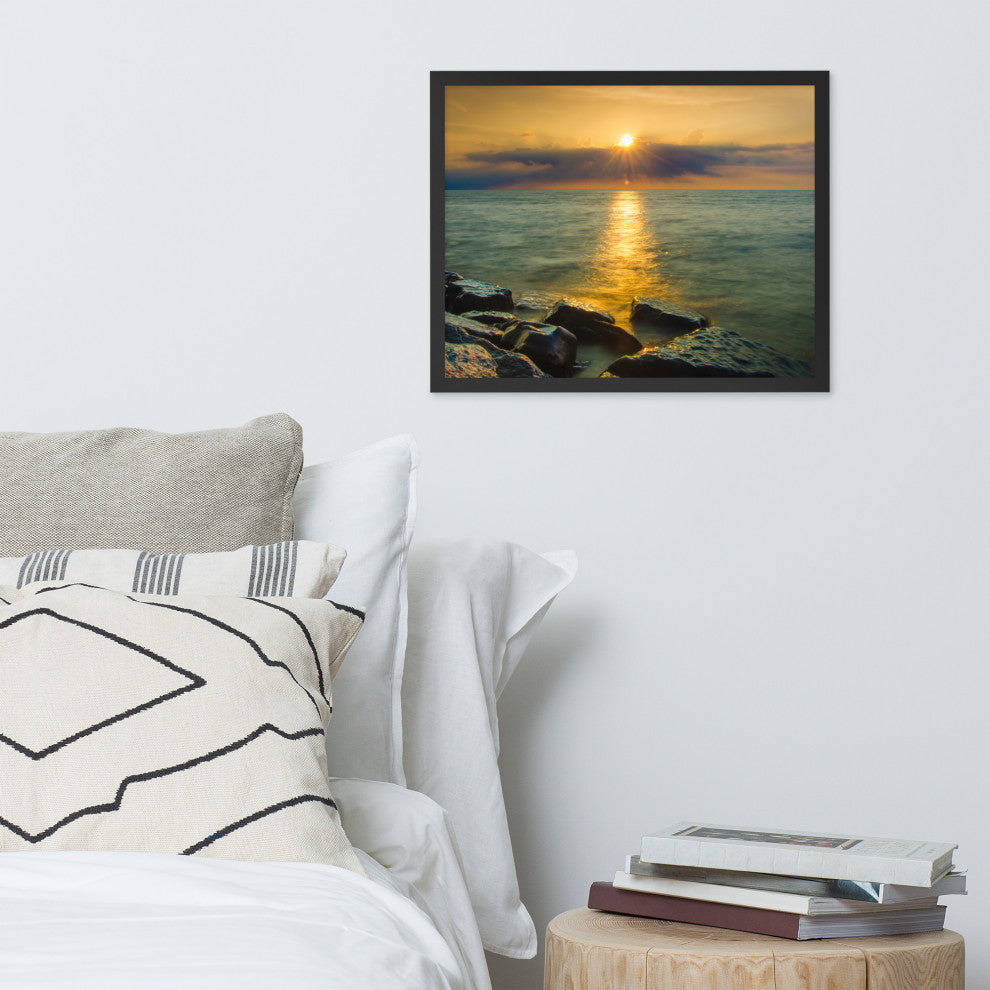 Sun Ray on the Water Coastal Landscape Framed Photo Paper Wall Art Print, Black, 16" X 20"