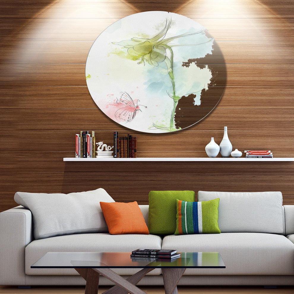Bellflower Sketch And Butterfly, Modern Floral Disc Metal Artwork, 23"