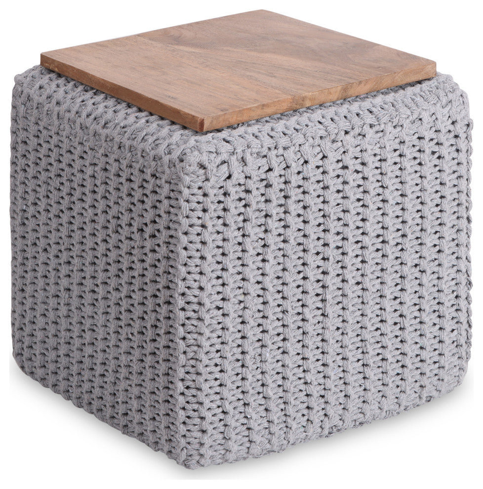 Loft Lyfe Roxy Ottoman, Hand Knitted, Wooden Tray, Cotton Yarn, Light Gray