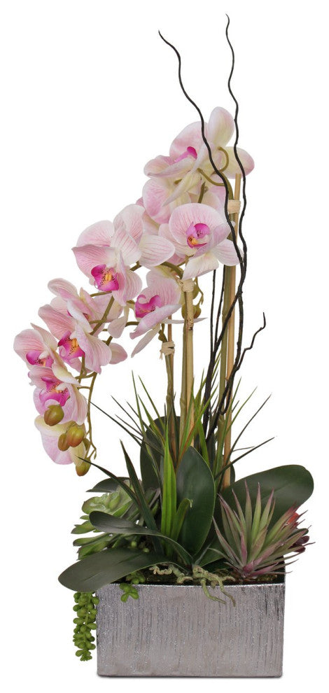 Real Touch Pink Orchid and Succulent Arrangement, Square Silver Pot