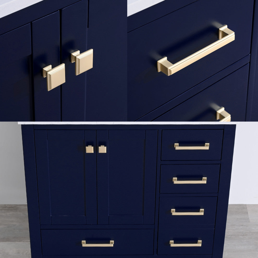36" W Freestanding Bath Vanity, Navy Blue with Fish Belly Engineered Top