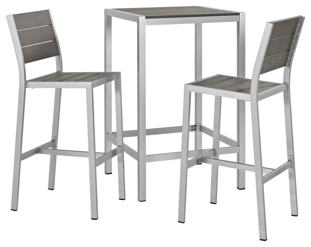 Shore 3 Piece Outdoor Patio Aluminum Outdoor Pub Set, Silver Gray