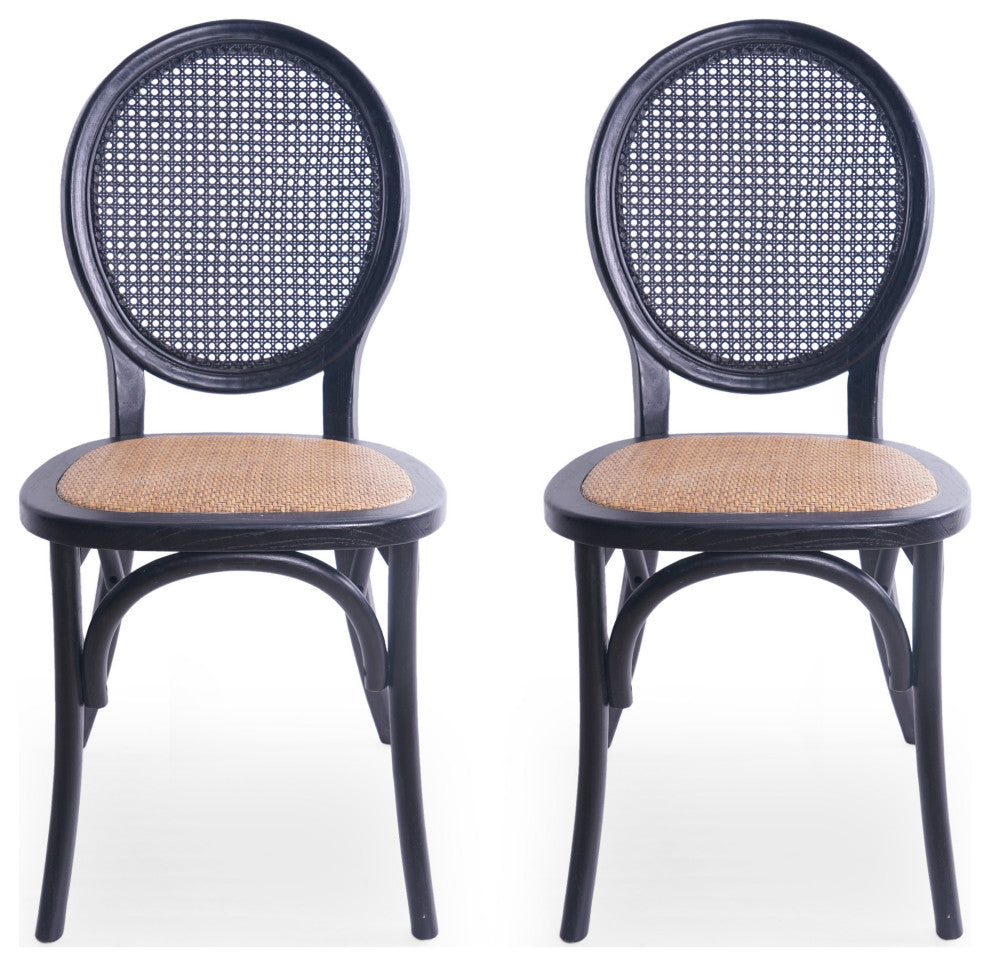 Bordeaux Elm Wood and Rattan Dining Chairs, Set of 2, Matte Black