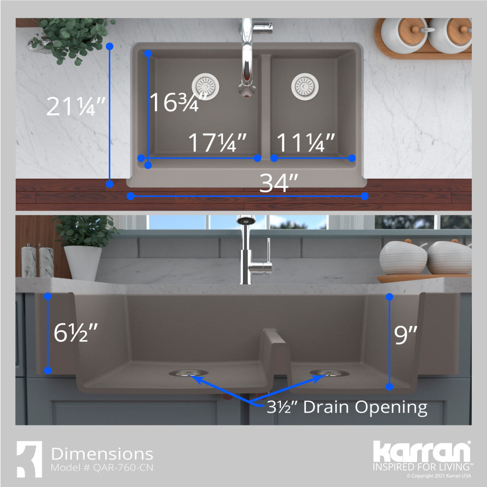 Karran Retrofit Farmhouse Quartz 34" Double Offset Bowl Sink Kit, Concrete