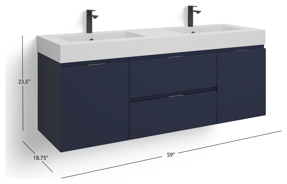 Boutique Bath Vanity, Blue, 60", Double Sink, Wall Mount