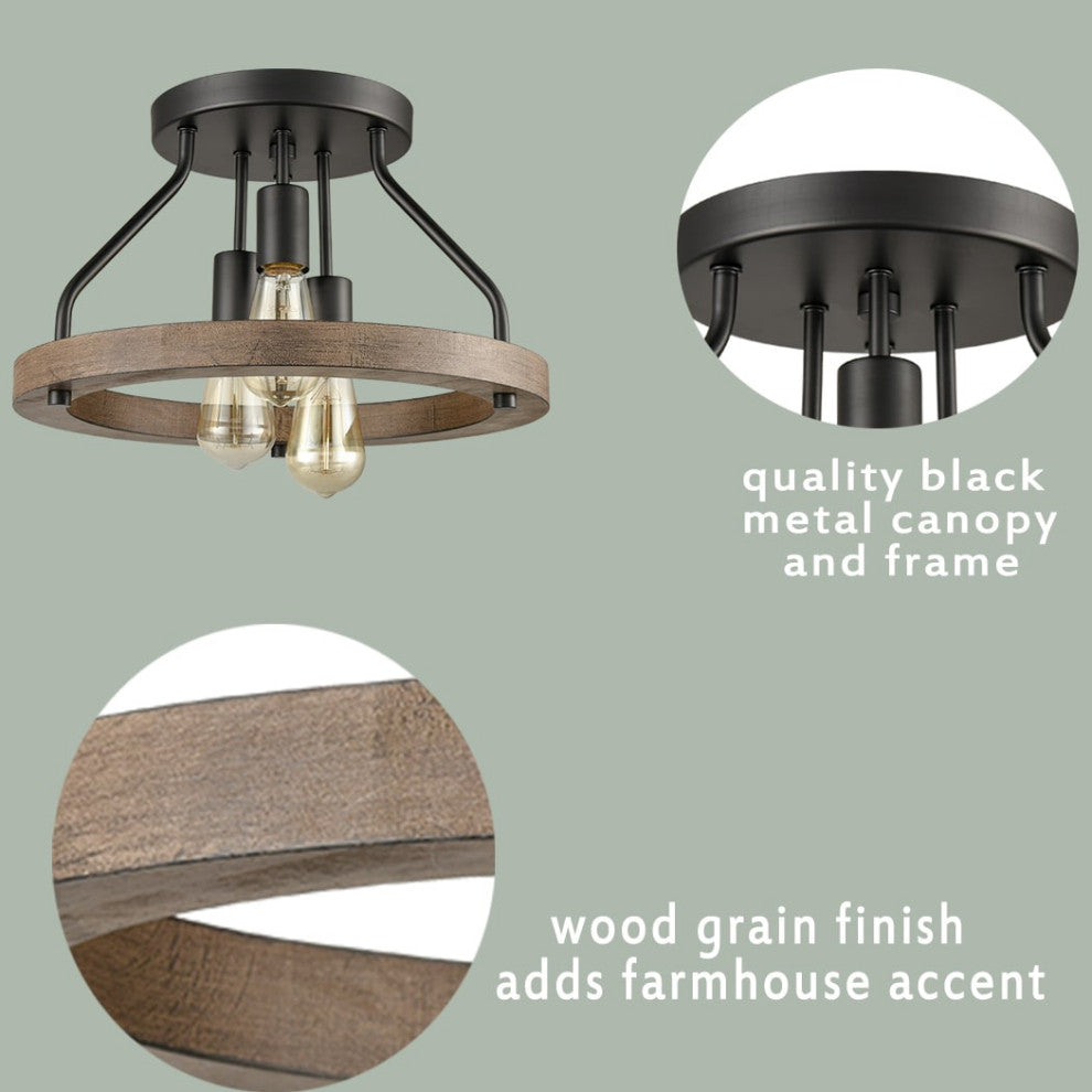 Farmhouse Semi Flush Mount Ceiling Light Wood Grain with 3 Lights