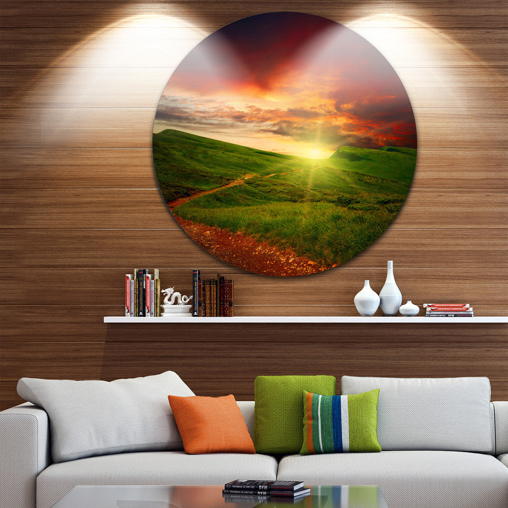 Majestic Sunset And Path In Meadow, Landscape Round Metal Wall Art, 23"