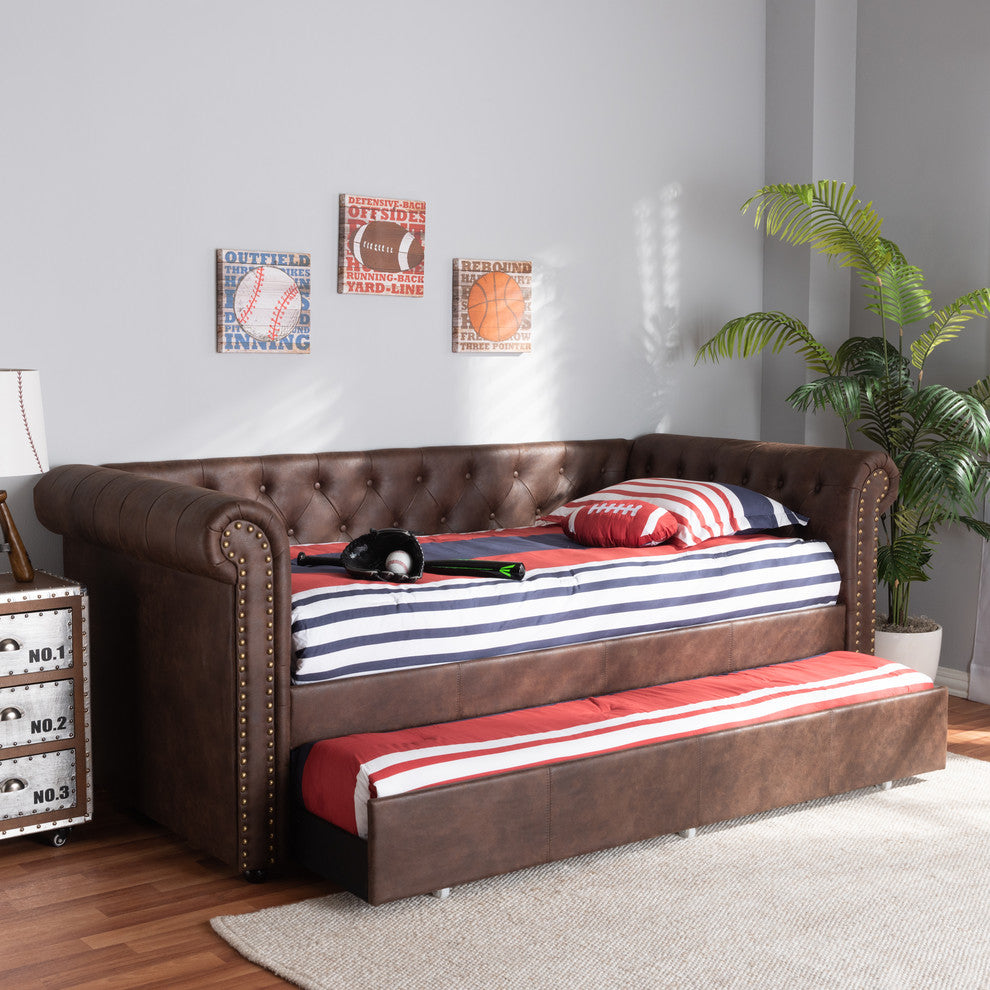 Janelle Contemporary Brown Faux Leather Upholstered Daybed With Trundle