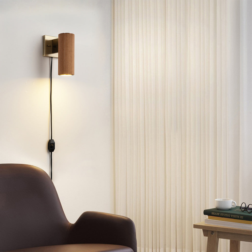 Tambo Wall Sconce - Dark Walnut Wood Finish, Weathered Brass, Dimmer, Natural Ash