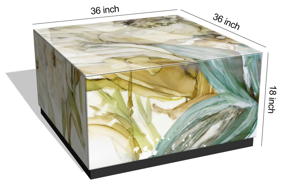 "Seaglass Garden II" Reverse Printed Glass Cocktail Table with Black Plinth Base