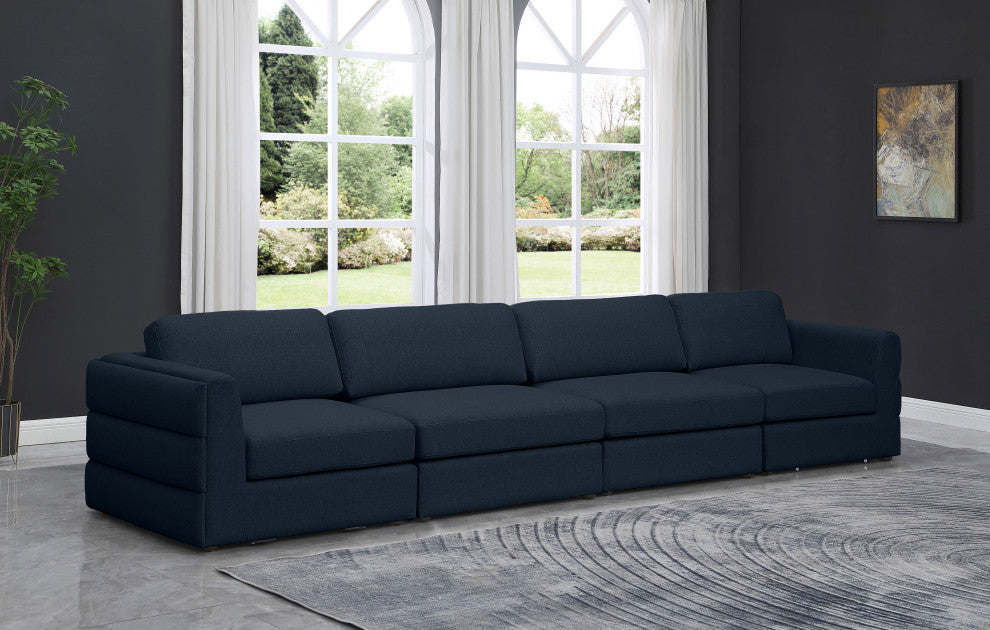 Beckham Linen Textured Fabric Upholstered 4-Piece Modular Sofa, Navy