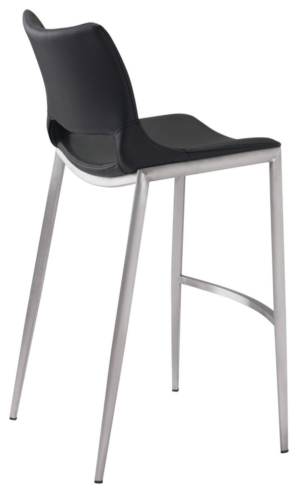 Bar Stool Chair Barstool, Set of 2, Faux Vinyl Leather, Steel, Black, Silver