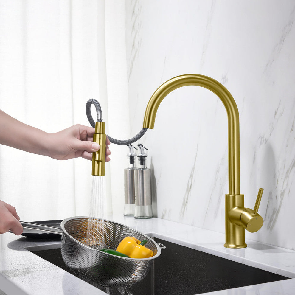 Circular Single Handle Pull Down Kitchen Faucet, Brushed Gold