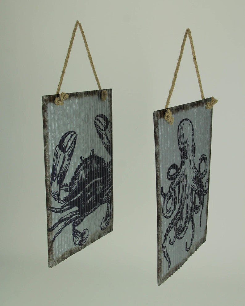 Ribbed Texture Galvanized Metal Octopus and Crab Art Wall Hanging Set