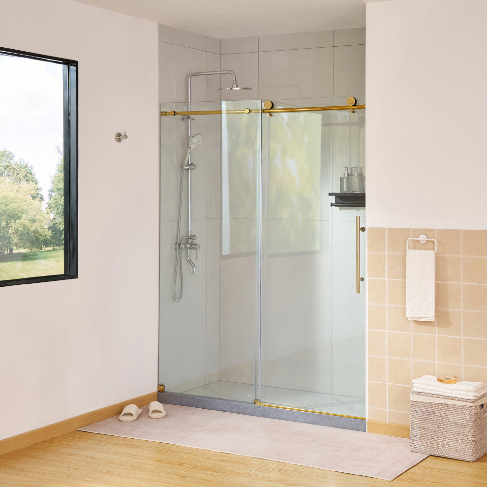 56"“60"Wx76" Frameless Sliding Shower Door With Clear Glass, Titanium Gold