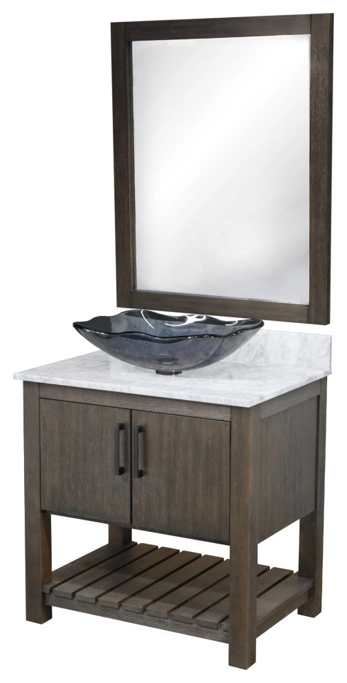 30" Vanity, Carrara White Marble Top, Sink, Drain, Mounting Ring, and P-Trap, Matte Black, Mirror Included