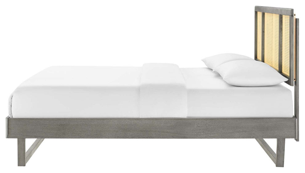Platform Bed Frame, Queen Size, Wood, Gray, Modern Mid-Century, Bedroom