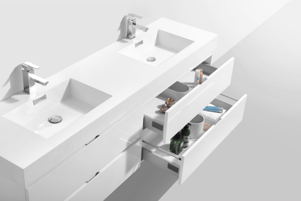 Bliss 80" Double Sink High Gloss White Wall Mount Modern Bath Vanity