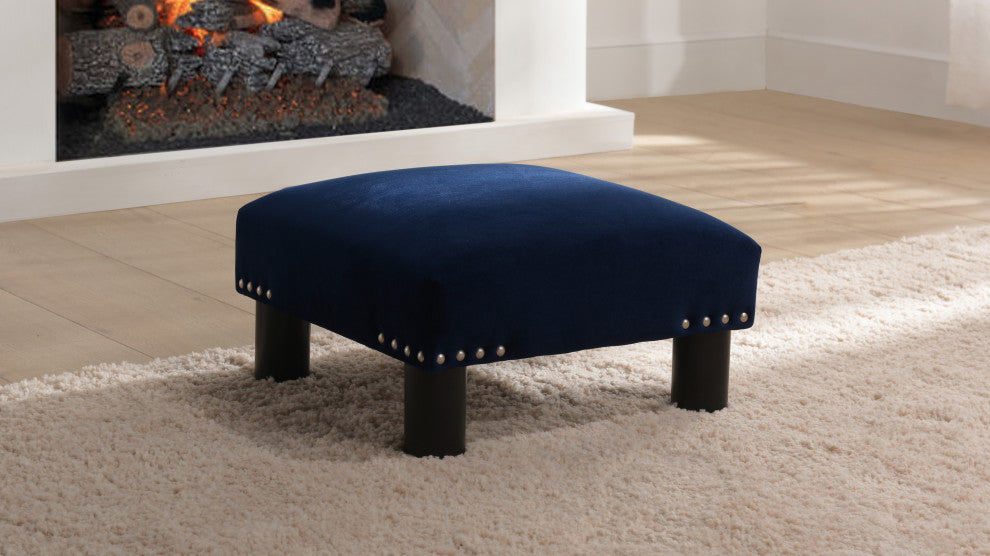 Jules 16" Square Footstool Accent Ottoman, Navy Blue Velvet