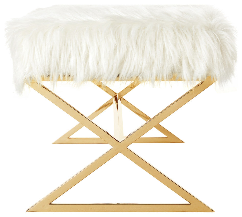 Oria Faux Fur X-Leg Base Bench, White and  Gold