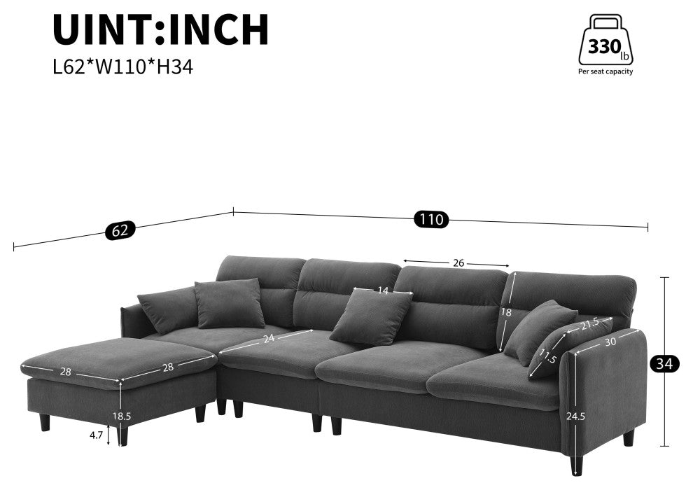 GDF Studio Modern Convertible L-Shaped Sectional Sofa With Ottoman, Gray
