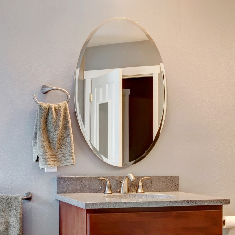 Oval Beveled Polished Frameless Wall Mirror With Hooks, 24"x36"