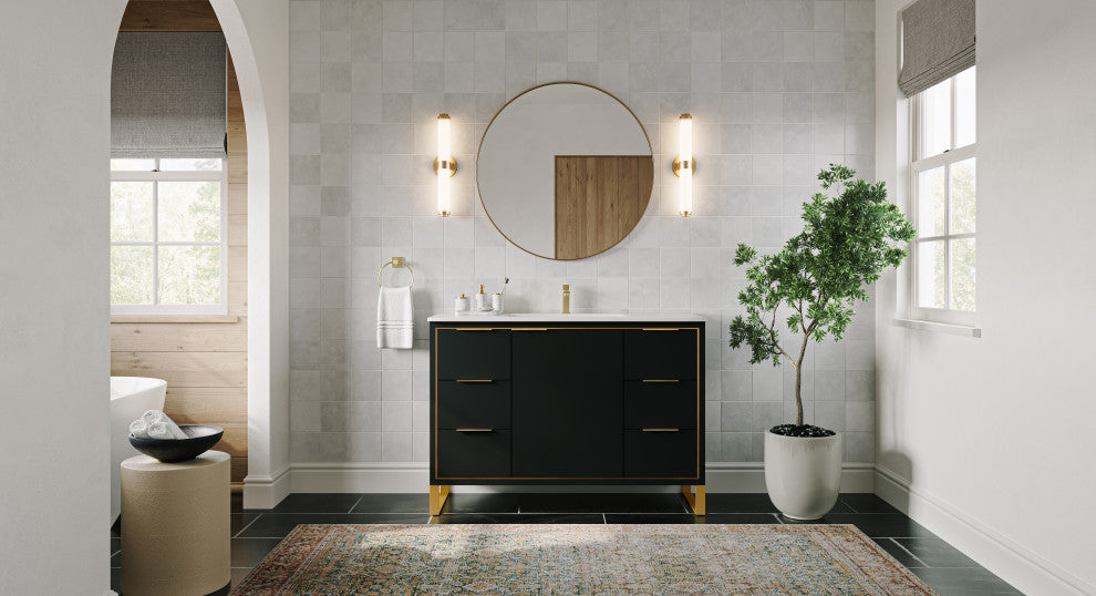 Bradford Bath Vanity, Black Matte, 48", Satin Brass Hardware, Single Sink, Freestanding