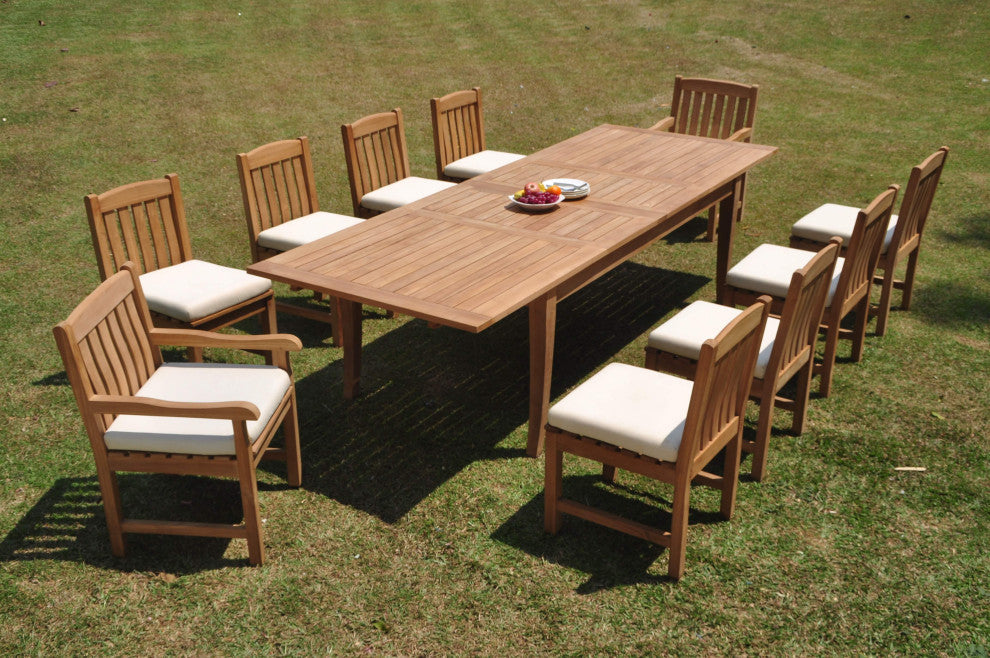 11-Piece Outdoor Teak Set: 122" X-Large Rectangle Extn Table, 10 Devon Chairs