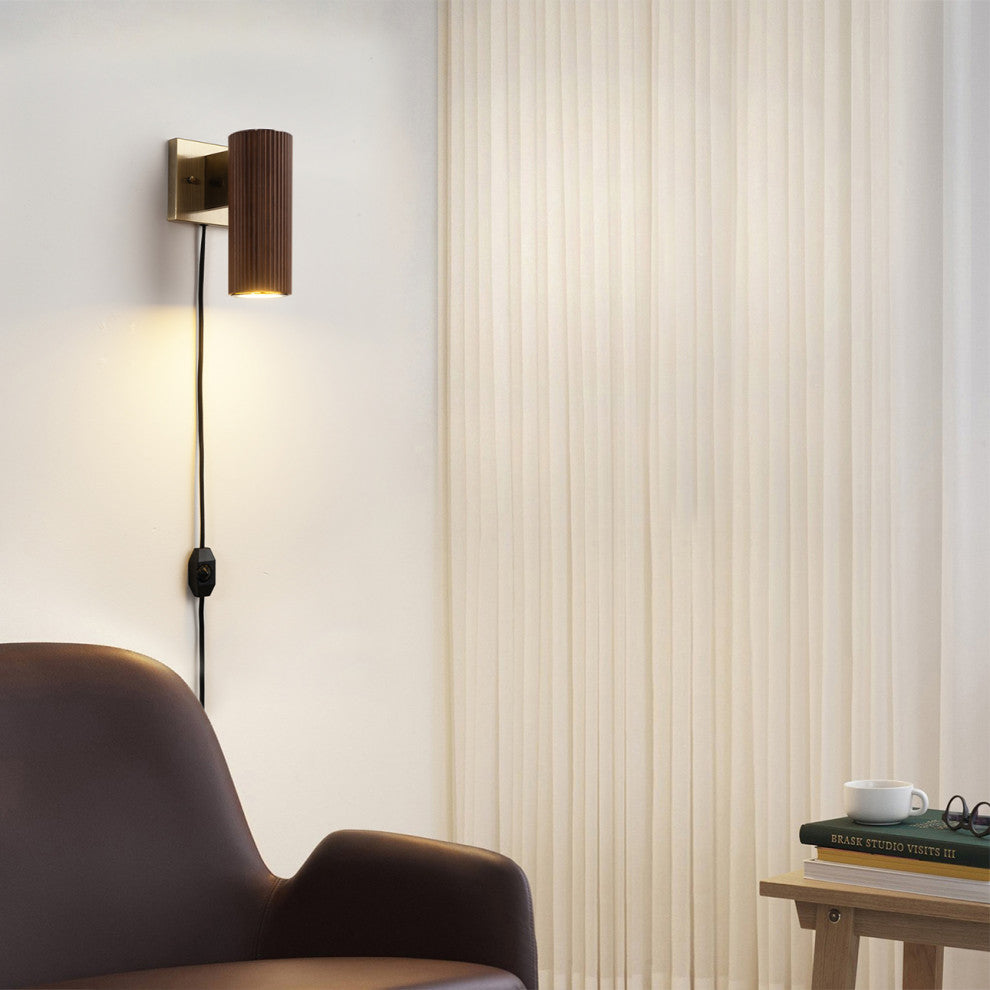 Tambo Wall Sconce - Dark Walnut Wood Finish, Weathered Brass, Dimmer, Dark Walnut