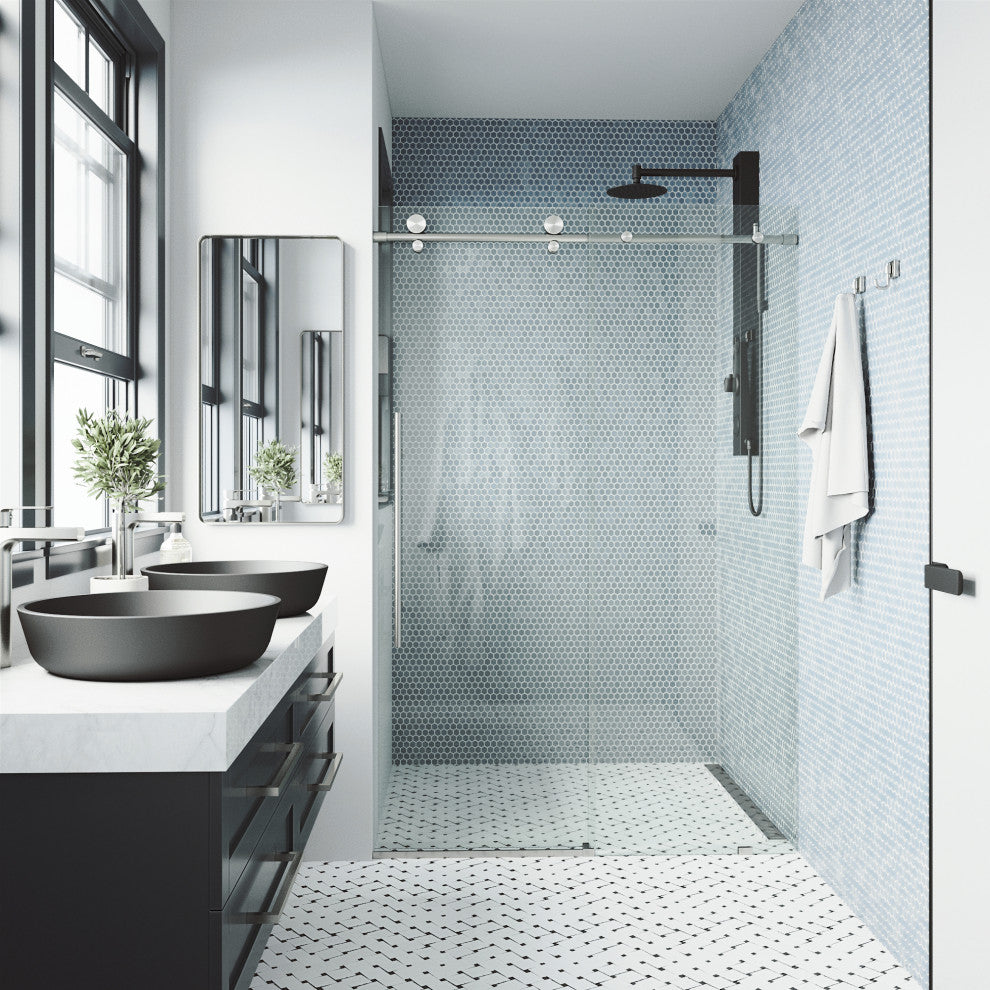 VIGO Elan E-Class 56" to 60" W x 76" H Frameless Sliding Shower Door, Stainless Steel, Clear Glass