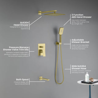 Cube Pressure 3-Function Shower System, Rough-In Valve, Brushed Gold