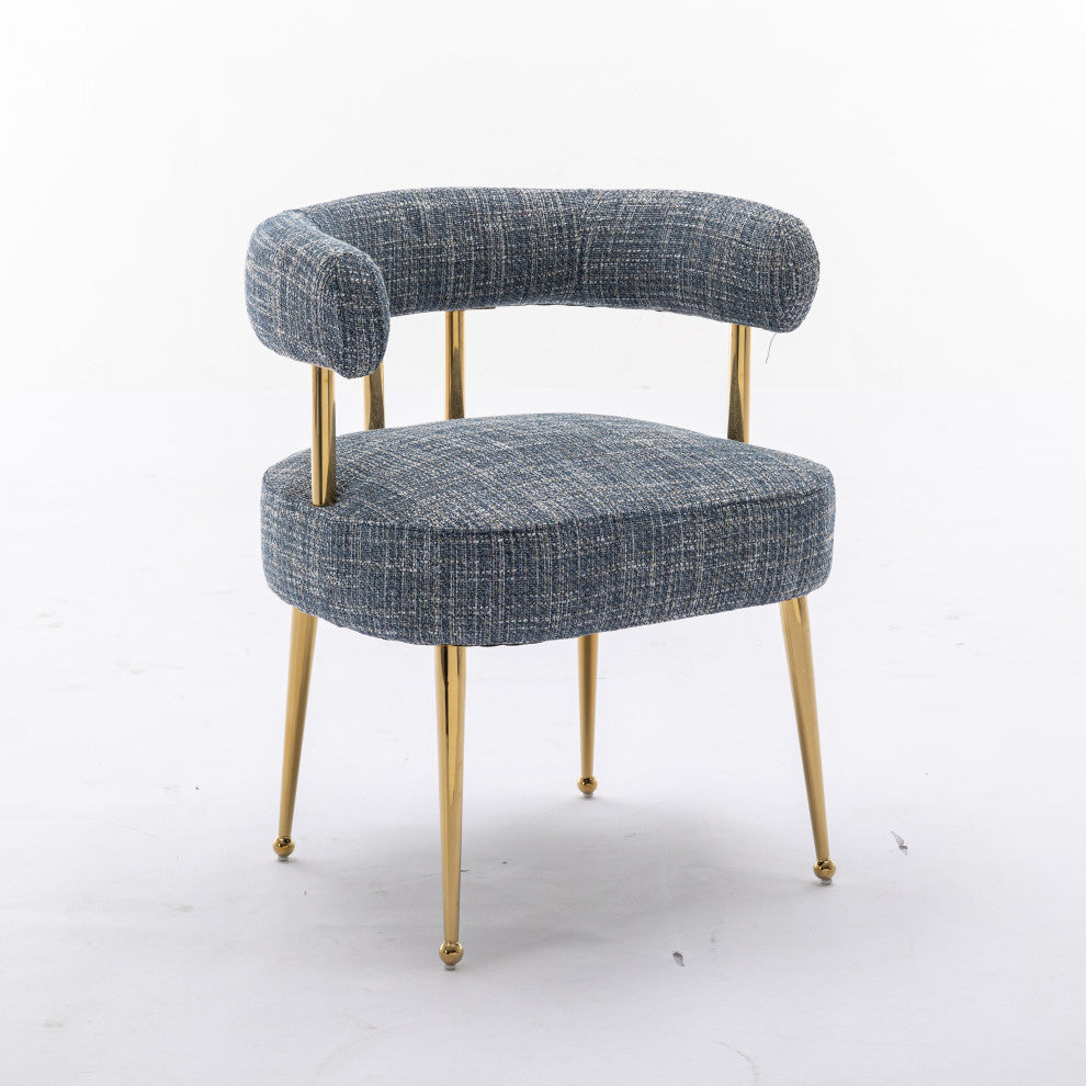 SEYNAR Mid-Century Modern Open-Back Linen Fabric Dining Chair with Gold Legs, Navy