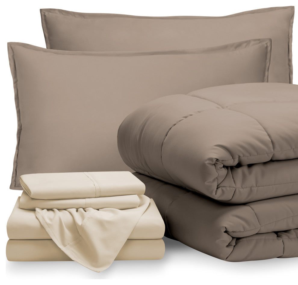 Bare Home 7-Piece Queen, King & Cal King Bed-in-a-Bag, Taupe, Sand, Queen