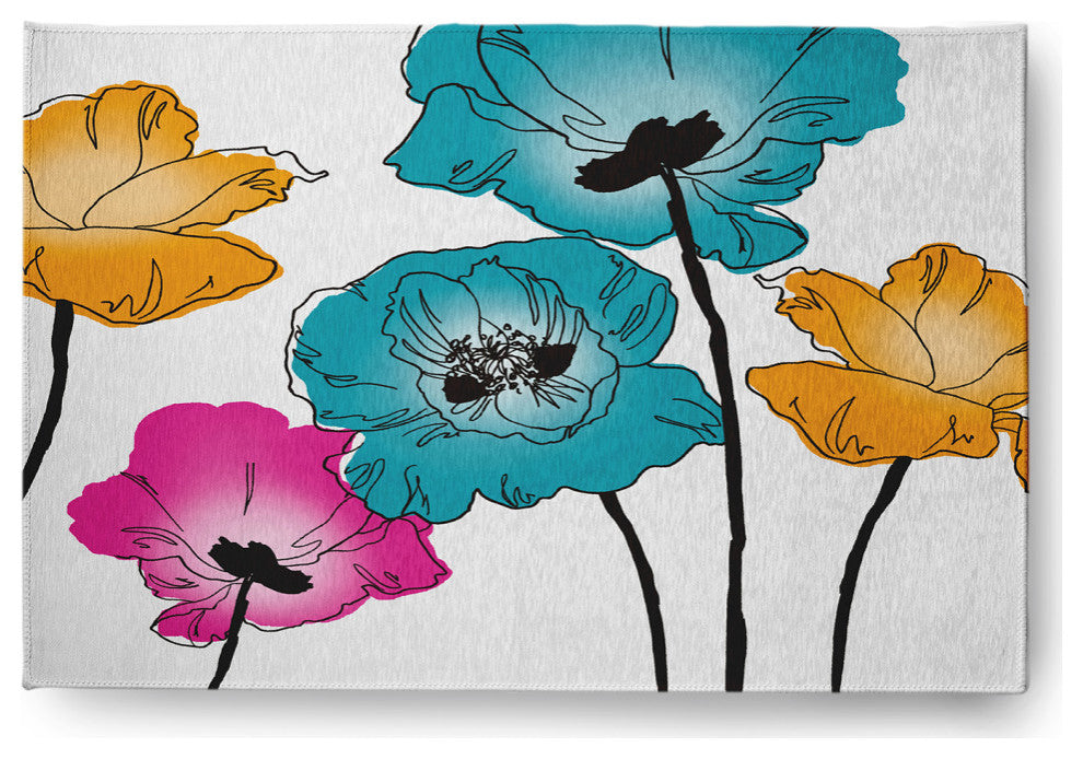 Popping Poppies Spring Chenille Rug, Blue, 4'x6'