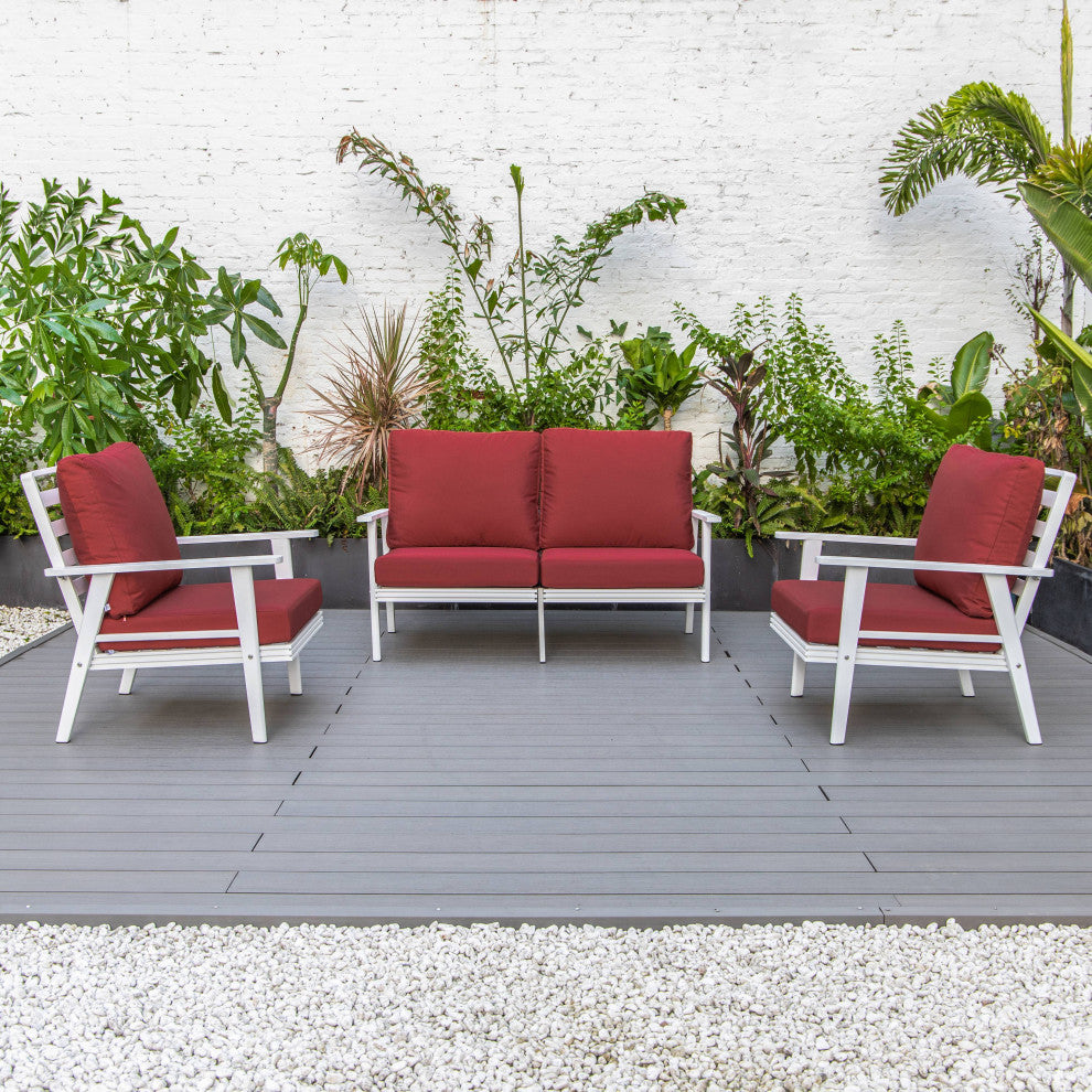 LeisureMod Walbrooke 3-Piece Patio Set With White Aluminum Frame and Cushions, Red