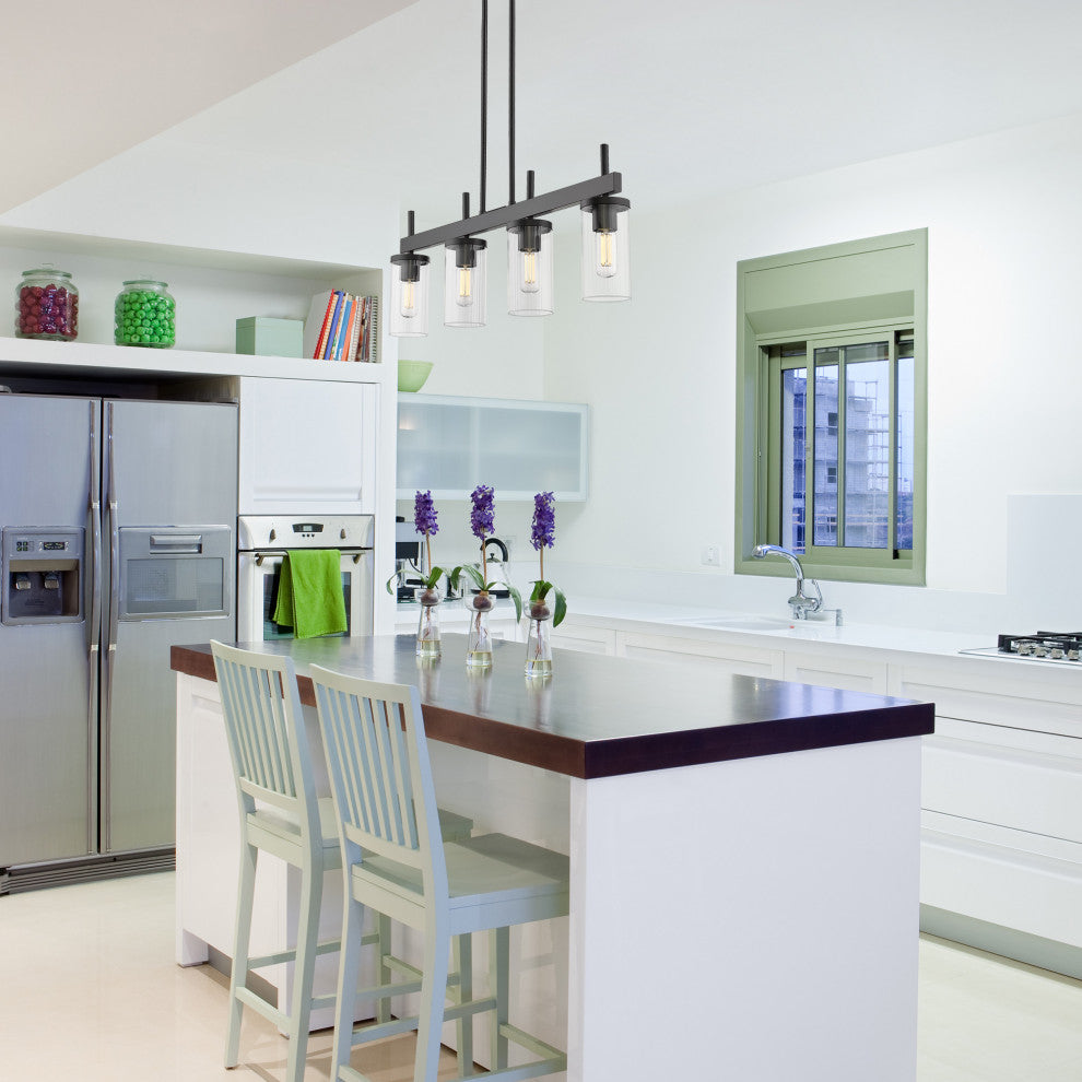 Winslett Linear Pendant, Matte Black With Ribbed Clear Glass