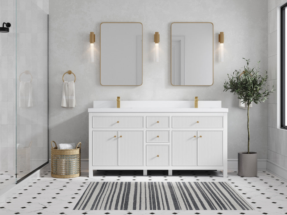 Sonoma 72 Double Sink Reeded Bath Vanity in White 2" White Quartz
