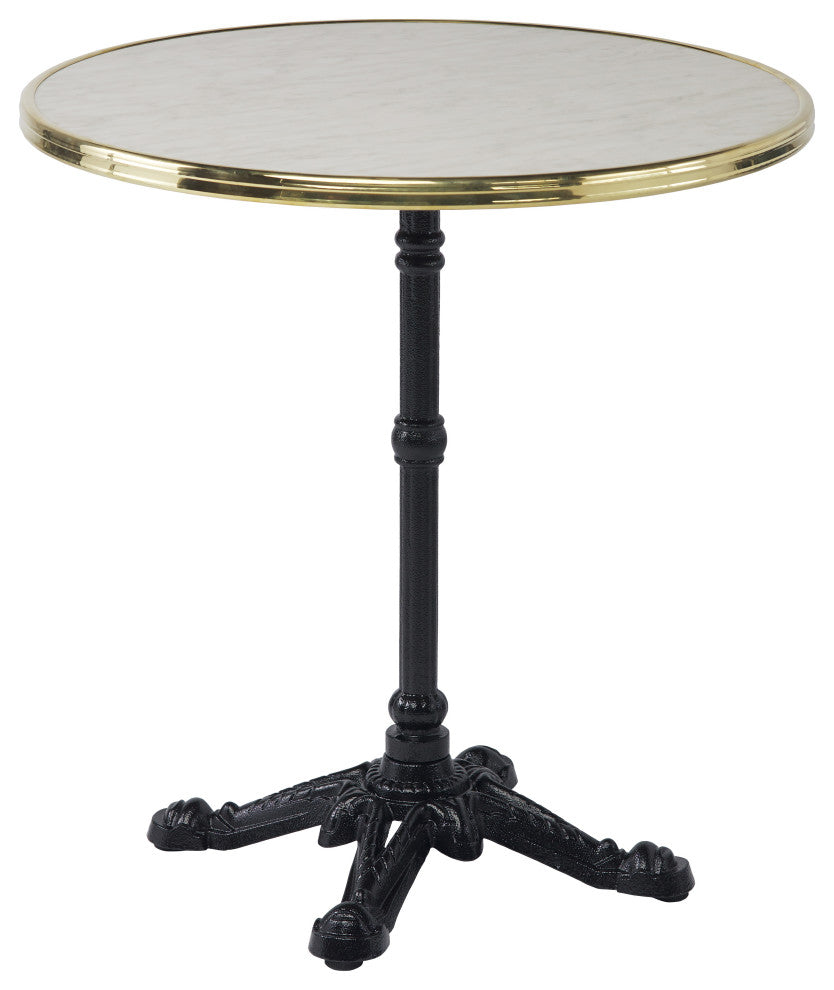 Rive Gauche 27.5"Dia. Parisian Bistro Table, Black Base, White Marble Top, Brass Strapping